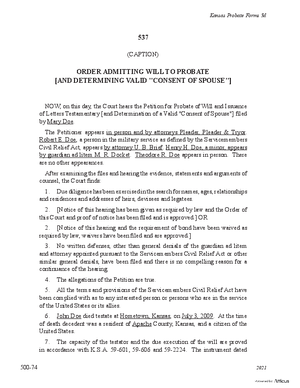 Thumbnail of Kansas Form Order Admitting Will To Probate [And Determining Valid "Content Of Spouse"] (Supervised Testate Administration)