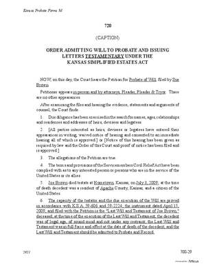 Thumbnail of Kansas Form Order Admitting Will To Probate And Issuing Letters Testamentary Under The Kansas Simplified Estates Act