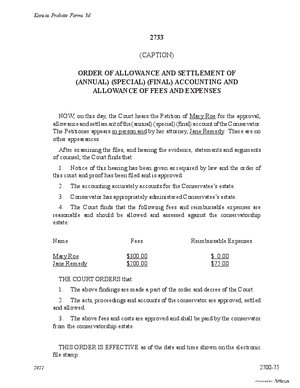 Thumbnail of Kansas Form Order Of Allowance And Settlement Of Annual/special/final Accounting And Allowance Of Fees And Expenses