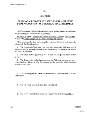Thumbnail of Kansas Form Order Of Allowance And Settlement; Approving Final Accounting; And Ordering Final Discharge