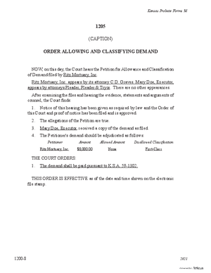 Thumbnail of Kansas Form Order Allowing And Classifying Demand