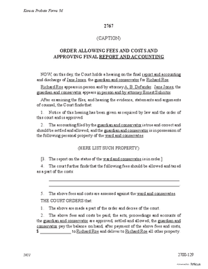 Thumbnail of Kansas Form Order Allowing Fees And Costs And Approving Final Report/accounting