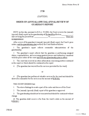 Thumbnail of Kansas Form Order Of Annual/special/final Review Of Guardian's Report