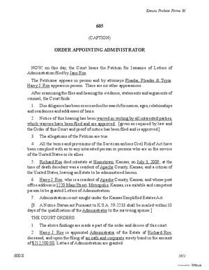 Thumbnail of Kansas Form Order Appointing Administrator (Supervised Intestate Administration)