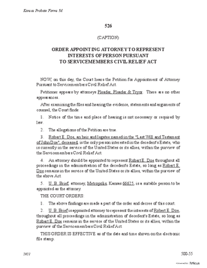 Thumbnail of Kansas Form Order Appointing Attorney To Represent Interests Of Persons Pursuant To Servicemembers Civil Relief Act