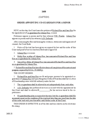 Thumbnail of Kansas Form Order Appointing Co-guardians For A Minor (Involuntary Guardianship)