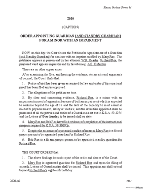 Thumbnail of Kansas Form Order Appointing Guardian [And Standby Guardian] For A Minor With An Impairment (Involuntary)