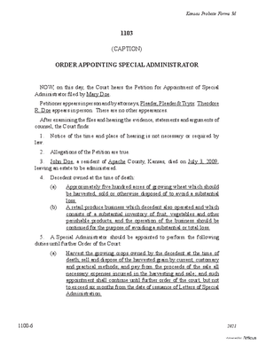 Thumbnail of Kansas Form Order Appointing Special Administrator