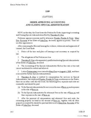 Thumbnail of Kansas Form Order Approving Accounting And Closing Special Administration