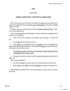 Thumbnail of Kansas Form Order Approving Appointed Appraiser Of Real Estate