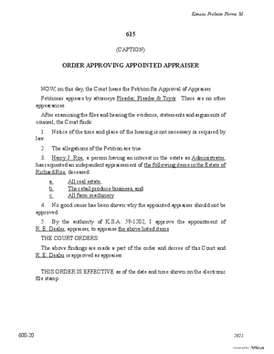 Thumbnail of Kansas Form Order Approving Appointed Appraiser