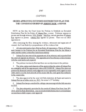 Thumbnail of Kansas Form Order Approving Extended Distribution Plan For The Conservatorship Of A Minor