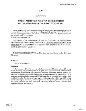 Thumbnail of Kansas Form Order Approving Written Certification Of Treating Physician And Concurrence