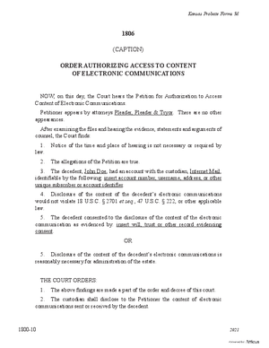 Thumbnail of Kansas Form Order Authorizing Access To Content Of Electronic Communications