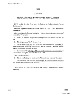 Thumbnail of Kansas Form Order Authorizing Access To Digital Assets