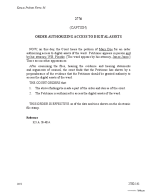 Thumbnail of Kansas Form Order Authorizing Access To Digital Assets (Misc Guardianship/conservatorship)