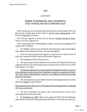 Thumbnail of Kansas Form Order Authorizing And Confirming Sale Of Real Estate At Private Sale