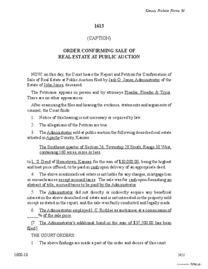 Thumbnail of Kansas Form Order Confirming Sale Of Real Estate At Public Auction
