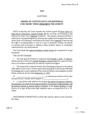 Thumbnail of Kansas Form Order Of Continuance And Referral For Short Term Inpatient Treatment (Substance Abuse)