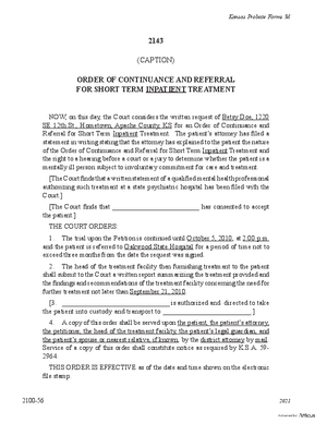 Thumbnail of Kansas Form Order Of Continuance And Referral For Short Term Inpatient Treatment (Mental Illness)
