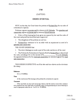 Thumbnail of Kansas Form Order Of Denial Of Petition For Order Of Restoration To Capacity