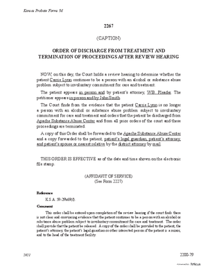 Thumbnail of Kansas Form Order Of Discharge From Treatment And Termination Of Proceedings After Review Hearing (Substance Abuse)