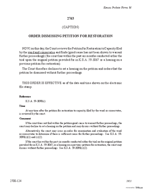 Thumbnail of Kansas Form Order Dismissing Petition For Restoration To Capacity (Misc Guardianship/conservatorship)