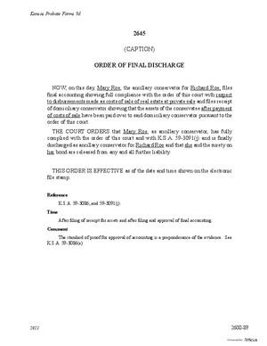 Thumbnail of Kansas Form Order Of Final Discharge Of Ancillary Conservatorship (Involuntary)