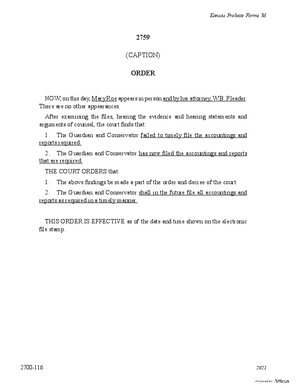 Thumbnail of Kansas Form Order Of Findings From Show Of Cause Of Good Faith And Diligence By Guardian/conservator
