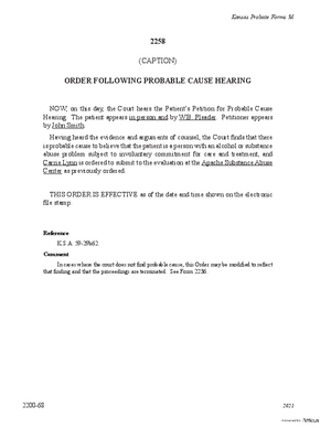 Thumbnail of Kansas Form Order Folliowing Probable Cause Hearing (Substance Abuse)