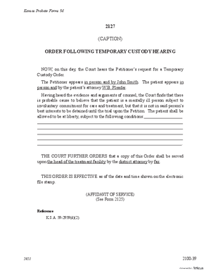 Thumbnail of Kansas Form Order Following Temporary Custody Hearing (Mental Illness)