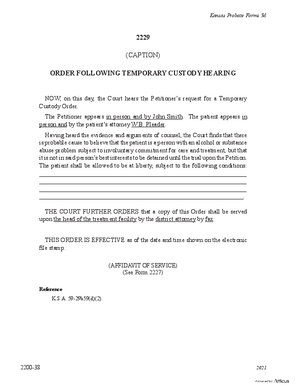 Thumbnail of Kansas Form Order Following Temporary Custody Hearing (Substance Abuse)