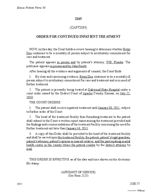 Thumbnail of Kansas Form Order For Continued Inpatient Treatment (Mental Illness)