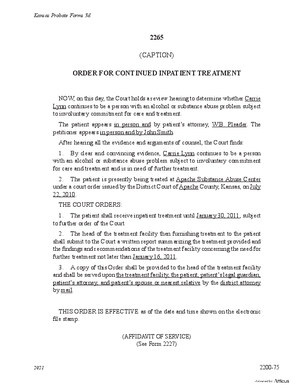 Thumbnail of Kansas Form Order For Continued Inpatient Treatment (Substance Abuse)