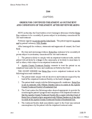 Thumbnail of Kansas Form Order For Continued Treatment As Outpatient And Conditions Of Treatment After Review Hearing (Mental Illness)