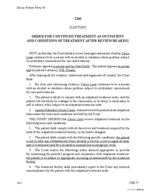 Thumbnail of Kansas Form Order For Continued Treatment As Outpatient And Conditions Of Treatment After Review Hearing (Substance Abuse)