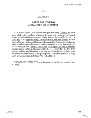 Thumbnail of Kansas Form Order For Hearing And Appointing Attorney - Written Certificate Of Physician With Concurrence