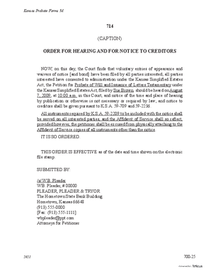 Thumbnail of Kansas Form Order For Hearing And For Notice To Creditors (If Waivers Are Filed) (Simplified Administration)