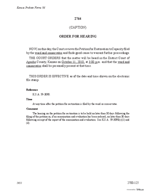 Thumbnail of Kansas Form Order For Hearing For Petition For Restoration To Capacity (Misc Guardianship/conservatorship)