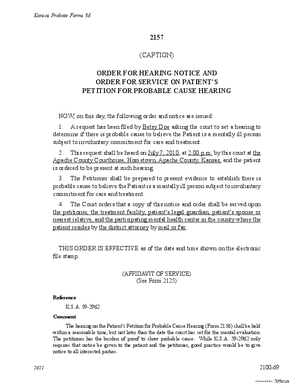 Thumbnail of Kansas Form Order For Hearing Notice And Order For Service On Patient's Petition For Probable Cause Hearing (Mental Illness)