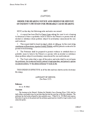 Thumbnail of Kansas Form Order For Hearing Notice And Order For Service On Patient's Petition For Probable Cause Hearing (Substance Abuse)
