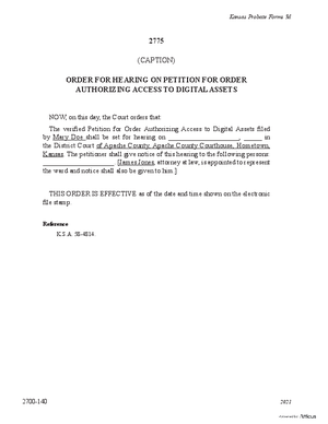 Thumbnail of Kansas Form Order For Hearing On Petition For Order Authorizing Access To Digital Assets (Misc Guardianship/conservatorship)