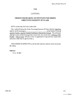 Thumbnail of Kansas Form Order For Hearing On Petition For Order Directing Payment Of Claim