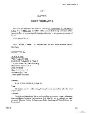 Thumbnail of Kansas Form Order For Hearing Of The Petition For Appointment Of Guardian Ad Litem