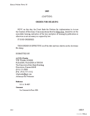 Thumbnail of Kansas Form Order For Hearing Of Petition For Authorization To Access The Content Of Electronic Communications