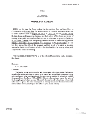 Thumbnail of Kansas Form Order For Hearing Of Petition For Authorization To Establish An Irrevocable Trust
