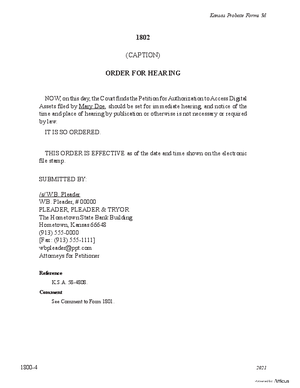 Thumbnail of Kansas Form Order For Hearing Of Petition For Authorization To Access Digital Assets
