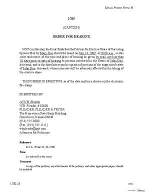 Thumbnail of Kansas Form Order For Hearing Of Petition For Elective Share Of Surviving Spouse