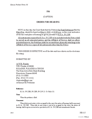 Thumbnail of Kansas Form Order For Hearing Of Petition For Final Settlement (Supervised Testate Administration)