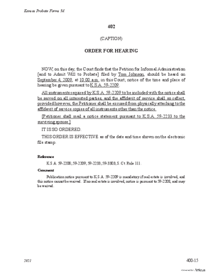 Thumbnail of Kansas Form Order For Hearing Of Petition For Informal Administration